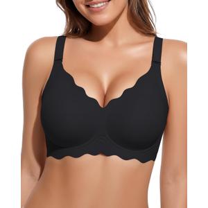 PQK Bras No Underwire for Women Comfortable Wireless Seamless T Shirt Bras Wavy Edge Full Coverage Push Up Bra (Size S Black) (Black, S)