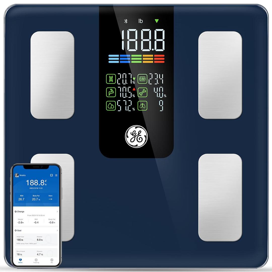 GE Smart Scale for Body Weight, BMI, Fat, Muscle Mass, Digital Bathroom Scales 500lbs Bluetooth 11.8" Large Platform Weighing Machine Health Monitor with App, Dark Blue