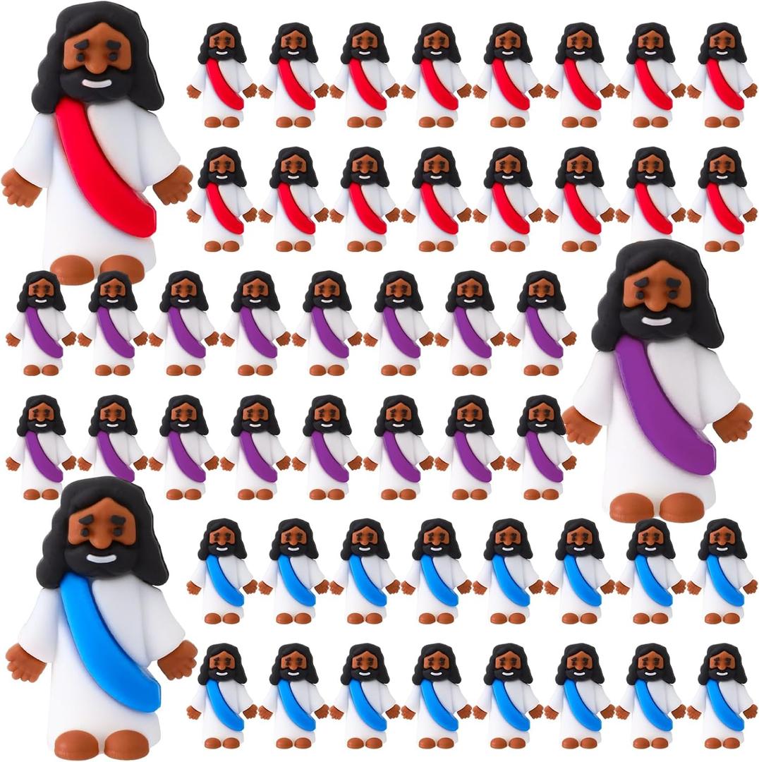 Bememo 50 Pcs Mini Black Jesus Black Jesus Figurine Religious Gifts Little Figures to Hide and Seek Religious Easter Party Favors(Red, Purple, Blue)