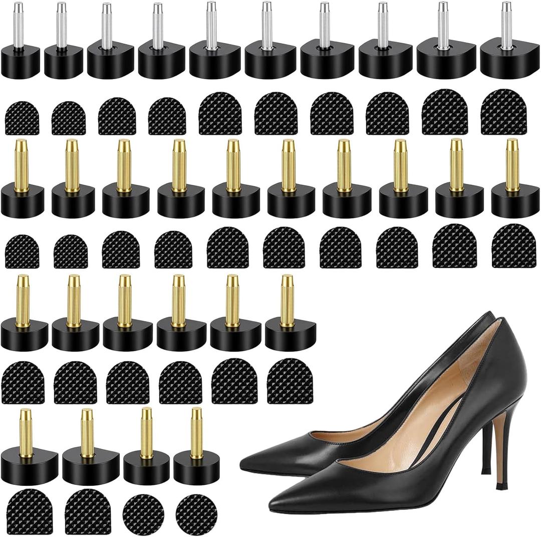 15 Pairs High Heel Replacement Tips Kit, U-Shape Metal Core Caps Cover Shoe Protectors with Dowels, Black Heel Repair Kit for Women's Shoes, Anti-Slip Wear-Resistant Sole Cover (Black, 15 Sizes)