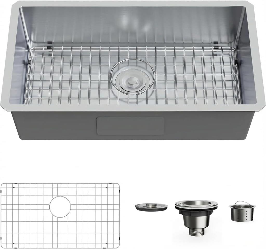 30-inch Undermount Single Bowel Kitchen Sink,16 Gauge Stainless Steel Sink, Handmade 30” x 18" Deep Basin,Drain Kit Brushed