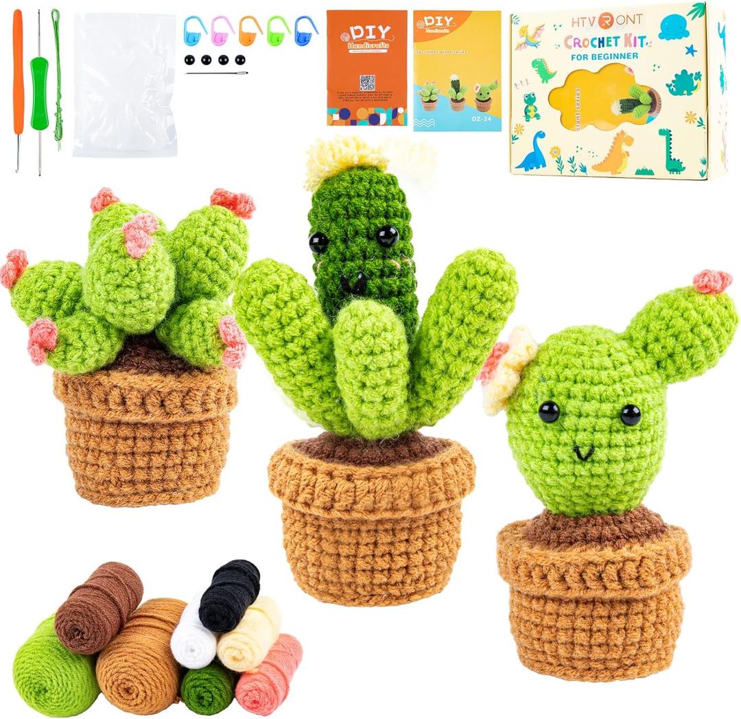 HTVRONT Crochet Kit for Beginners - Complete Crochet Kits with Stitch by Stitch Video Tutorial, Beginner Crochet Kit for Adults Kids Gift - Starter Easy Learn to Crochet Succulent Plants Family