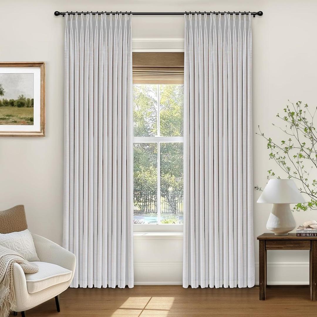 INOVADAY Pinch Pleated Curtains, 100% Light Blocking Linen Pinch Pleat Blackout Curtains for Bedroom, Thermal Insulated Blackout Drapes 2 Panels Set for Living Room - Beige White, W40 x L90 (40"W x 90"L (Pack of 2), Beige White)
