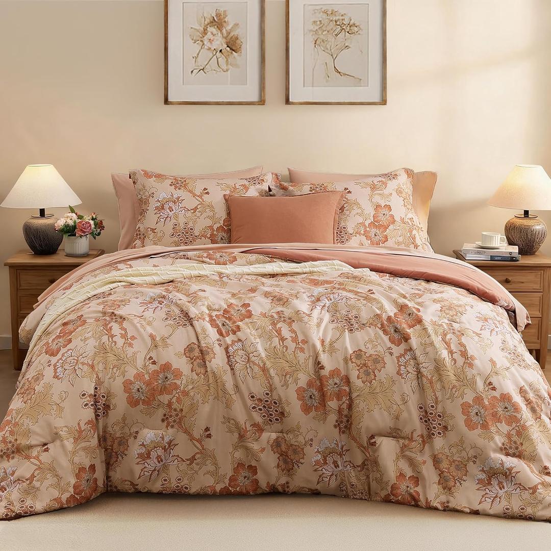 Queen Comforter Set-7 Pieces Terrecotta Floral Bed in a Bag | Floral Bedding Set for All Season, Soft Lightweight Cottage Queen Bedding Sets with Sheets, Pillowcases & Shams