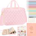 PUGPIU Bible Cover Case for Women, Large Quilted Bible Bag with Shoulder Strap and Handle, Bible Study Supplies Journaling Kit with Highlighters Pens No Bleed Tabs Notebook Cross Clips (Pink)