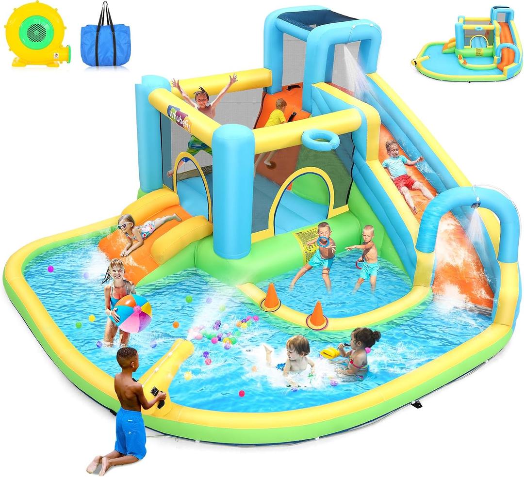 Kids Bounce House Water Slide, 12.8x12FT All-in-1 Blow up Bouncy Castle with 2 Slides & Splash Pools, Water Spray Arch, Climbing Wall, Basketball Rim, Water Cannon, Inflatable Water Park for Backyard, 154 x 144 x 81in