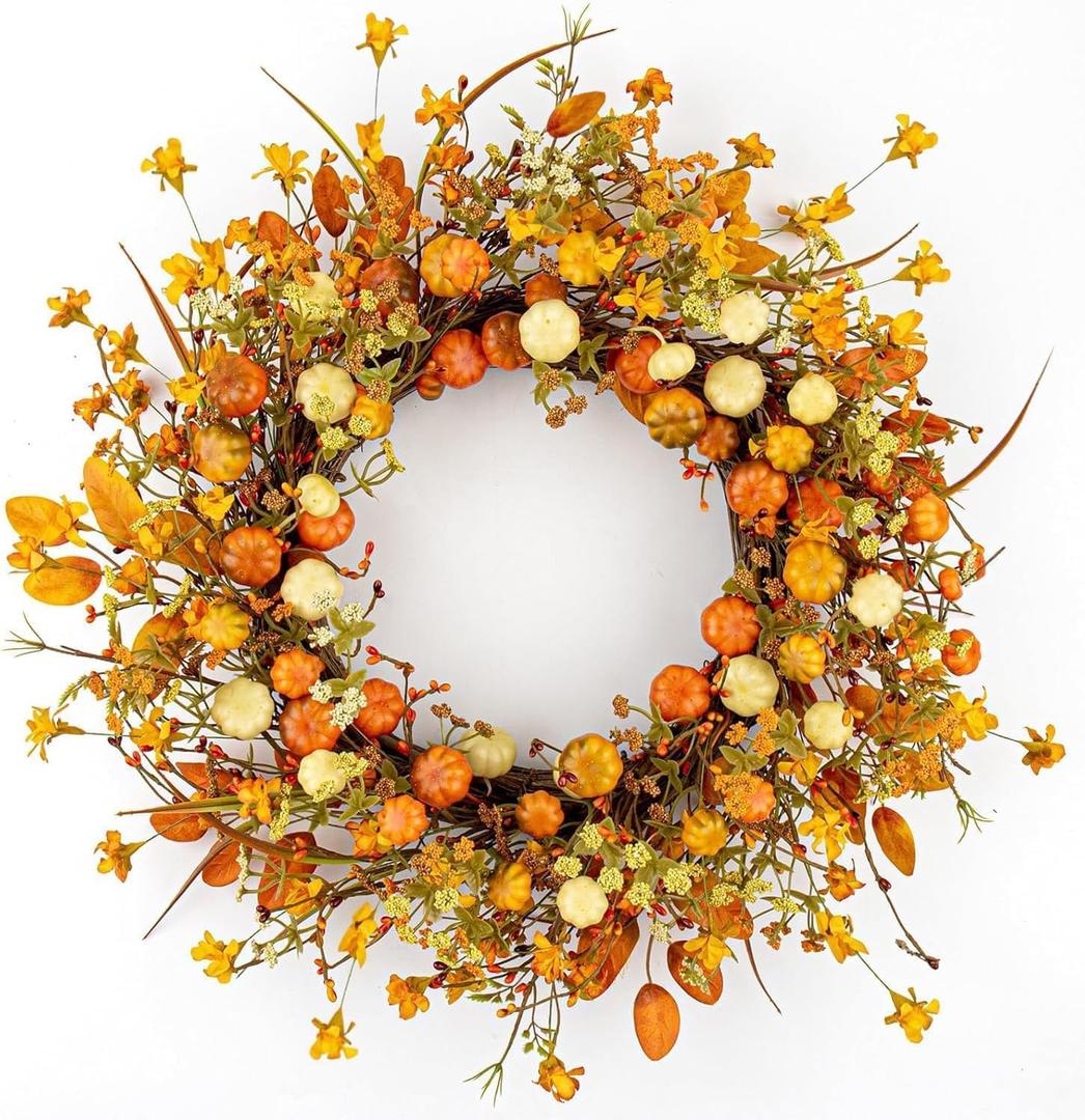 Fall Wreaths for Front Door 20 Inches Autumn Door Wreaths Harvest Wreath Pumpkin Wreath with Orange Jasmine for Thanksgiving Farmhouse Indoors Wall Porch Window Home Celebration
