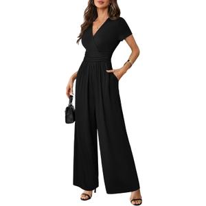 LOOKBOHO Women Dressy Casual Jumpsuits Elegant High Waist Side Ruched Romper Summer Short Sleeves Wide Leg Pants (Black, S)