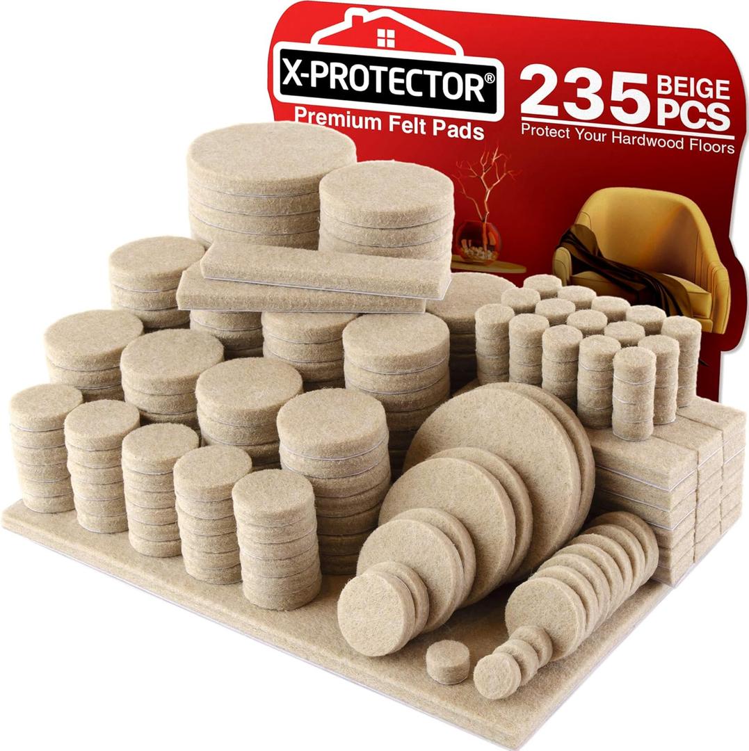 Felt Furniture Pads X-PROTECTOR 235 PCS Premium Furniture Pads - Felt Pads Furniture Feet Best Wood Floor Protectors - Protect Your Hardwood & Laminate Flooring! (235 PCS Beige, Round & Square)