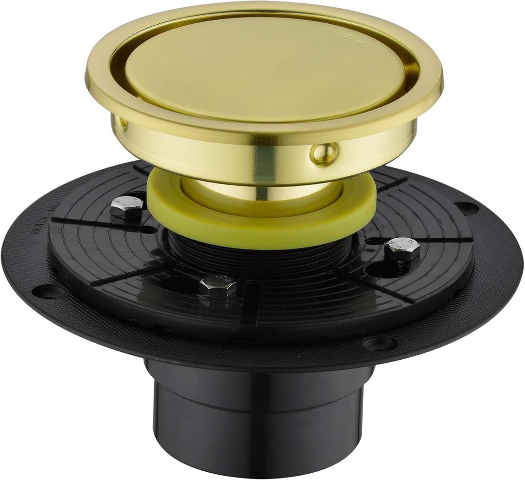 4 Inch Round Design Tile-in Shower Drain with Adjustable Shower Drain Base Flange, SUS 304 Stainless Steel Floor Drain with Tile Insert Grate Removable Cover, Brushed Gold Brass Finished