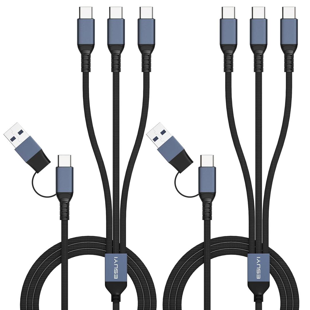3 in 2 Multi Charging Cable, [5FT/2Pack 60W 3.1A] USB C Splitter Cable, USBA/C to C Nylon Braided PD & QC Fast Charger Cord with 3 Type-C Ports for Cell Phone/Tablets.