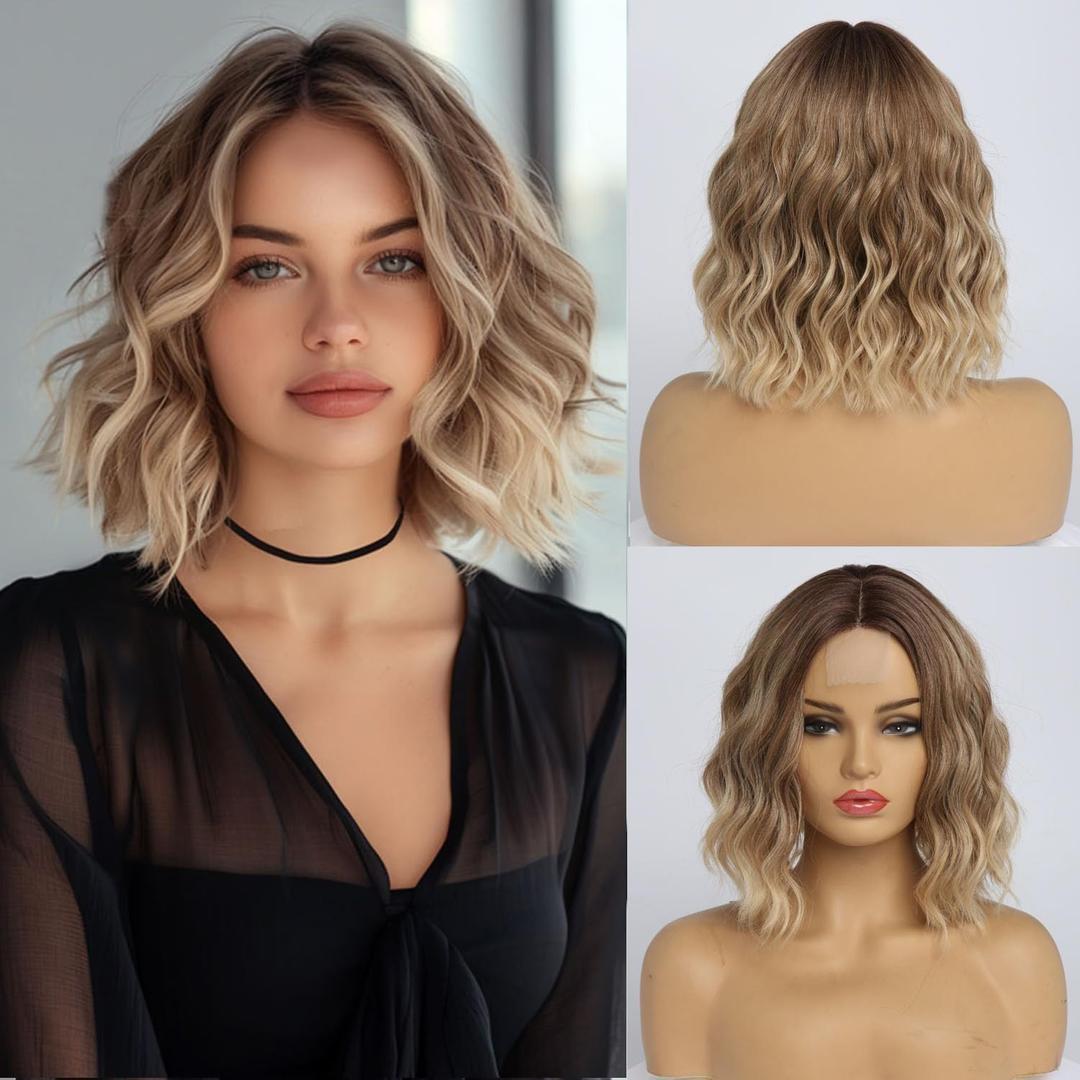 Short Ombre Ash Blonde Wavy Bob Wig for Women Shoulder Length Curly Glueless Human Hair Wigs Free Part Breathable Natural Look for Daily and Party (Ash Blonde,14 inch)