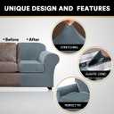 PrinceDeco Velvet Couch Cover Loveseat Covers for 2 Cushion Couch 3 Piece Sofa Covers for Dogs Washable Loveseat Covers Width Up to 72 Inch No Slip Stretch Sofa Slipcover(Medium, Stone Blue)