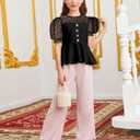 WDIRARA Girl's Sheer Mesh Short Puff Sleeve Blouse Heart Print Cute Ruffle Peplum Top (Black) 6Y