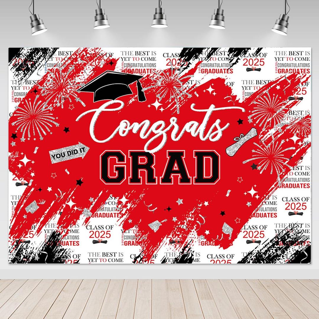 Mocsicka Graduation Backdrop 8x6ft Congrats Grad Red Graduate Party Decorations Background Class of 2025 Photography Backdrops