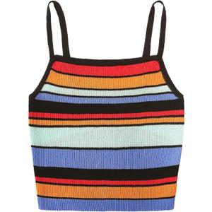 SweatyRocks Women's Sexy Strappy Crop Top Striped Print Ribbed Knit Cami Top (Large, 1-multicolor)