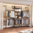 Closet Organizers Wall Mounted Closet System, 3-Row Heavy Duty Garment Clothes Rack, Industrial Pipe Clothing Rack with 4 Telescopic Rods, 4 Hooks, 5 Shelves & 1 Pants Hanger for Bedroom Wardrobe