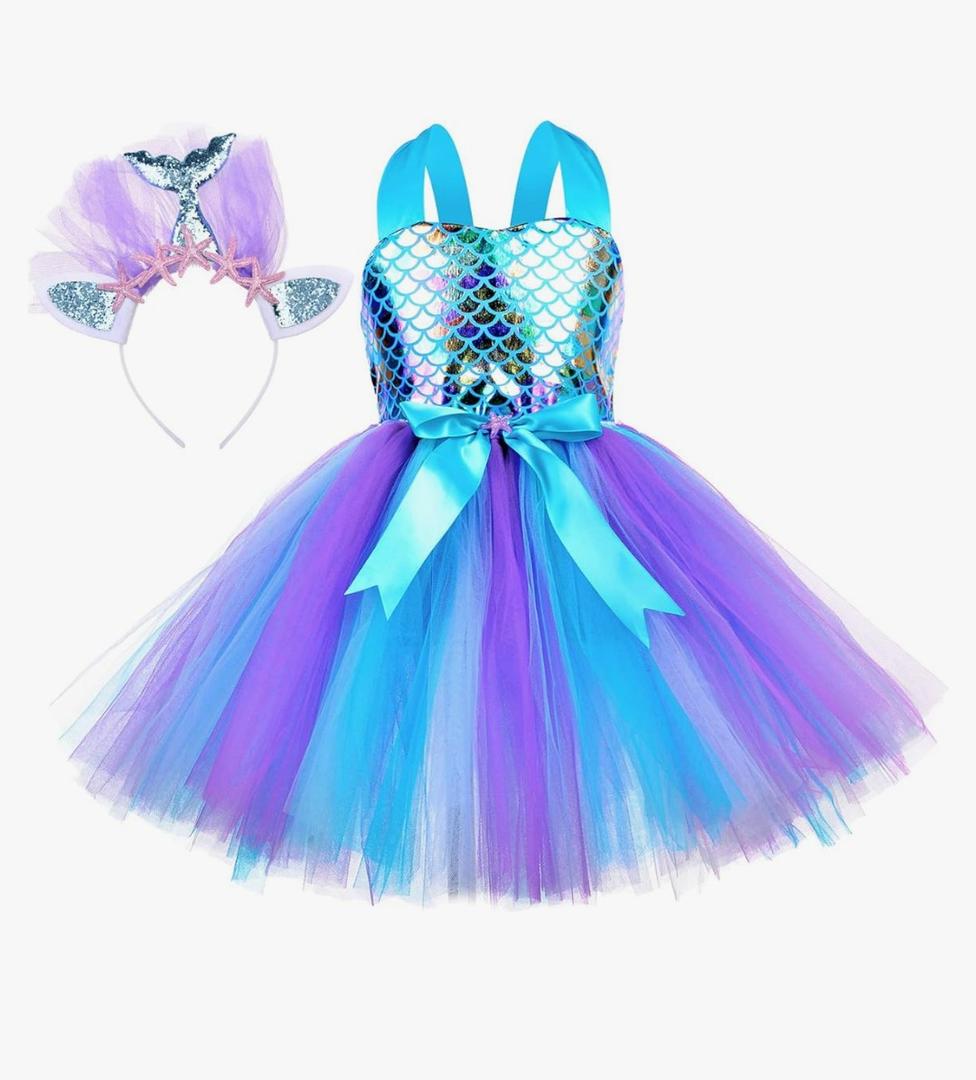 Tutu Dreams Summer 4 Colors Mermaid Dress for Girls with Headband Birthday Party Gifts Dress Up Clothes, 2XL