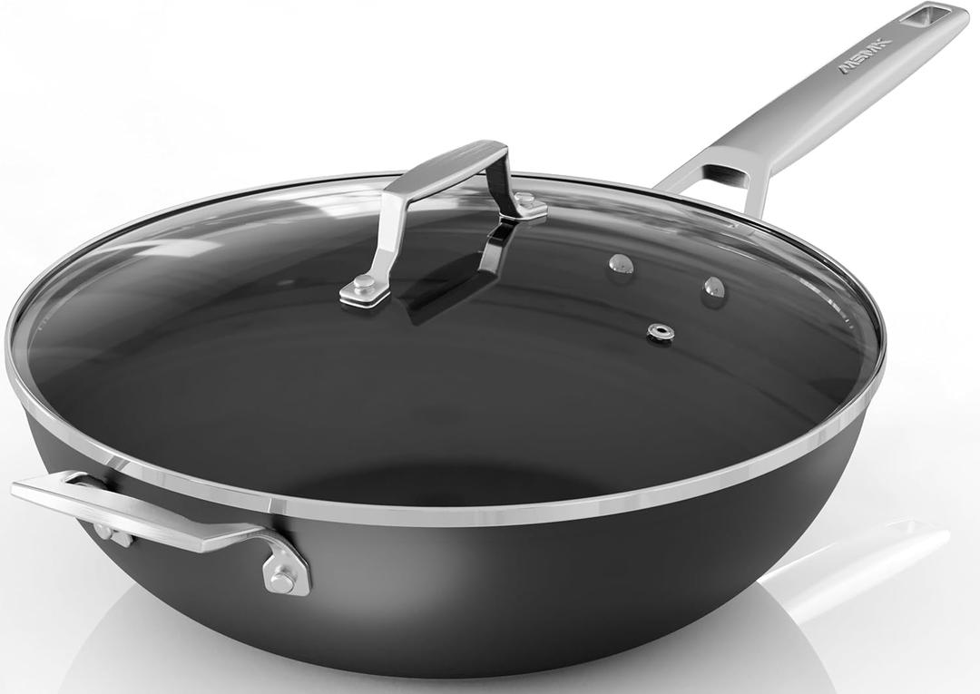 MsMk Titanium and Ceramic Nonstick Wok pan with lid12.5 Inch Woks & Stir Fry Pans with Stay-Cool HandleFlat Bottom Wok Suits for Induction, Electric, Gas, Halogen, All Stoves