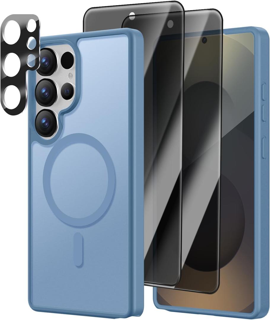[4 in 1] Magnetic for Samsung Galaxy S25 Ultra Case, 2 Pics Privacy Screen Protectors and 1 Pic Camera Protector, Fit for MagSafe, Military Grade Shockproof Translucent Matte S25 Ultra Cover, Teal