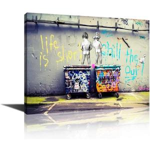 Life Is Short Banksy Wall Decor - Playing Babies Cartoon Canvas Print Wall Art for Living Room Decor (24L" x 18W")