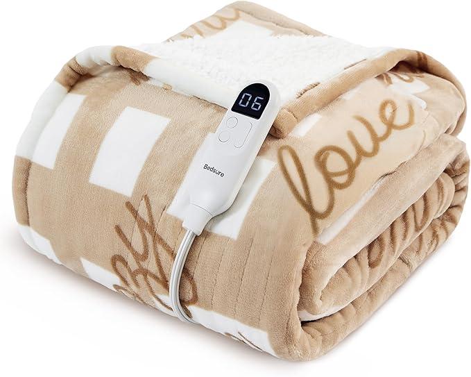 Bedsure Healing Electric Blanket Twin - Soft Flannel Sherpa Heated Blanket with Inspirational Words, Gift for Grandma, Heating with 6 Heating Levels, 10 Time Settings, 8-Hour Auto-Off (62x84 inches)