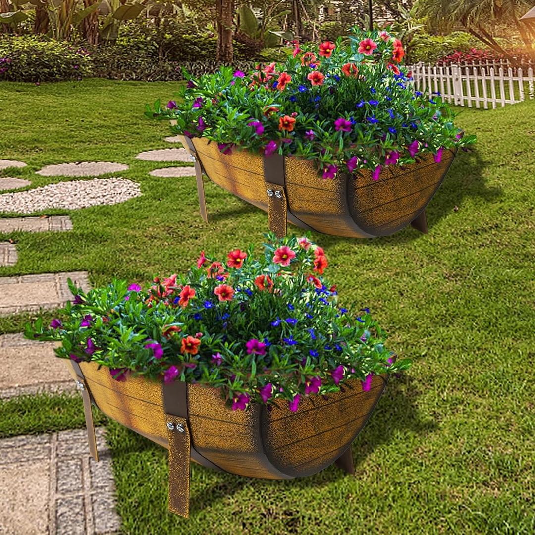 Aoutrow 15.43In 2 Pack Rustic Barrel Planters, Decorative Outdoor Garden Backyard Planter with Legs, Metal Flower Pot Half Barrel Planter Box, Brown, 11.37 x 5.11 x 15.43 inches