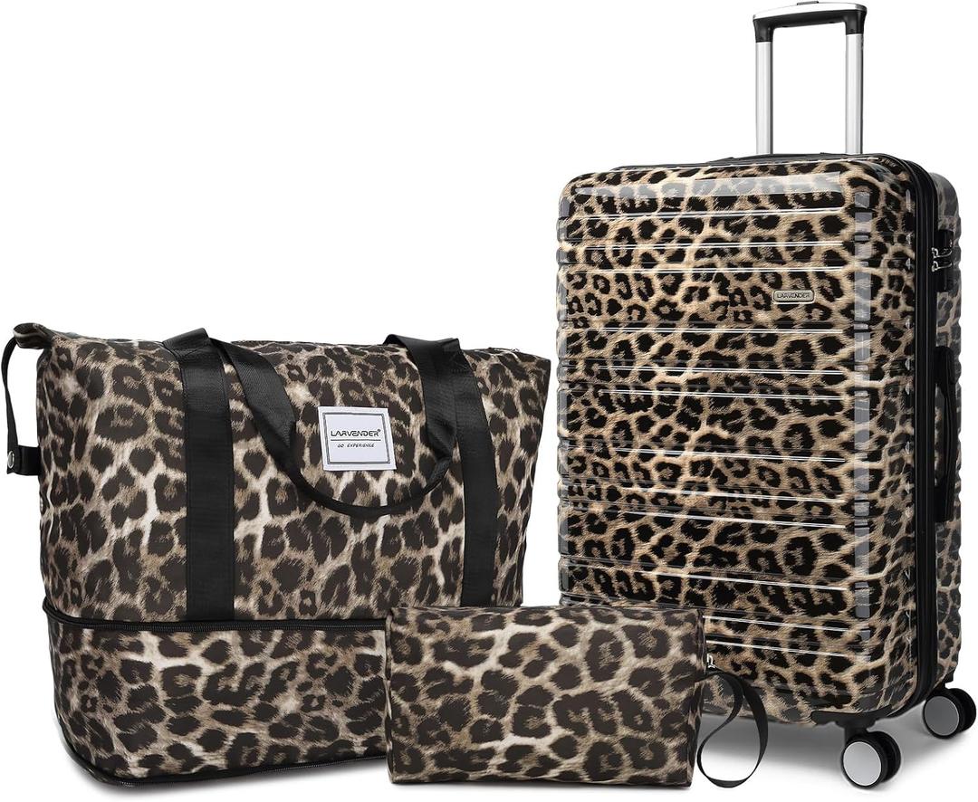 LARVENDER Luggage Sets 3 Piece, Hardside 20 IN Carry on Luggage Airline Approved PC+ABS Suitcase Set with Spinner Wheels TSA Lock, Lightweight Rolling Suitcase for Men and Women, Cheetah Print