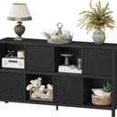 FATORRI 8 Cube Storage Organizer Bookshelf with 4 Doors, Low Horizontal Bookcase with Storage, Long Wood Book Shelf for Dining, Home Office (Black)