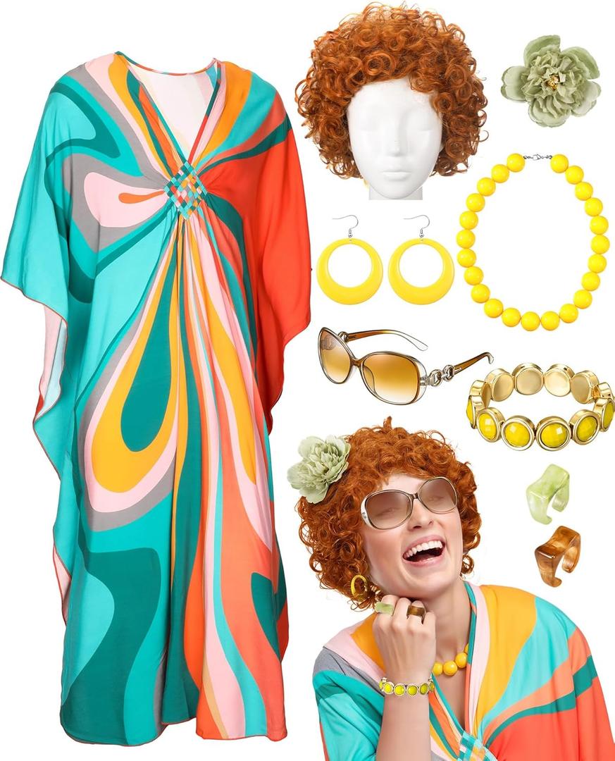 Landlady Costume Including Caftan Dress Curly Wig Necklace Earring Sunglasses Rings Hair Clip for Halloween Cosplay (Retro Swirl)