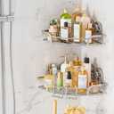 LEVERLOC 2 Pack Powerful Suction Cup Corner Shower Caddy, Stainless Steel Rustproof Shower Shelf with Hooks, Drill-Free Wall Mounted Bathroom Organizer, Large Capacity Removable Suction Basket, Silver