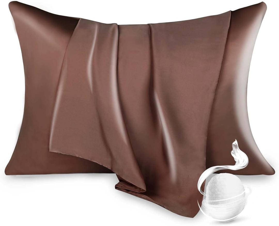 100% Pure Mulberry Silk Pillowcase for Hair and Skin, Queen Size 20*30 Cooling Silk Pillow Case by Zipper Closure, Smooth and Soft Dual Sides Silk Pillow Cover for Women. (Coffee, Queen-1 Pcs)