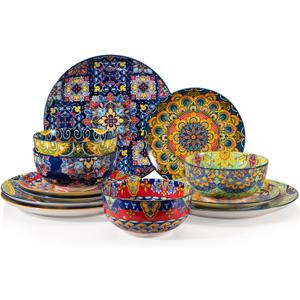 Sweejar Ceramic Dinnerware Sets for 4,12 Pieces Boho Plates and Bowls for Kitchen, Housewaring Gift, Bohemian Style Dish Set, Dishwasher and Microwave Safe(Colorful)