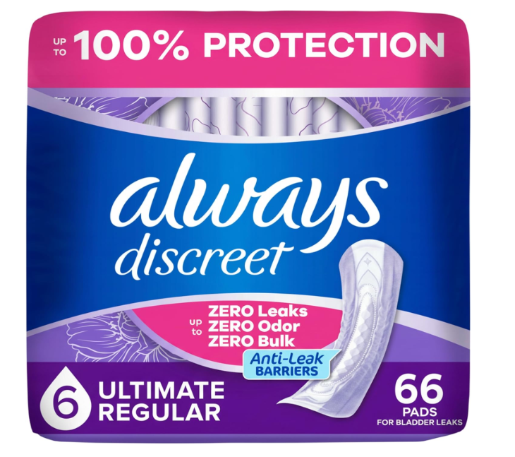 Always Discreet Adult Incontinence Pads for Women, Drier, 6 Drop Regular Length, Extra Heavy Absorbency, Pads for Bladder Control Management, Bladder Leaks, & Postpartum Pads, 66ct
