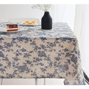 Wracra Cotton Linen Vintage Rectangle Tablecloth Pastoral Floral Rustic Table Cloth Washable Table Cover for Indoor&Outdoor,Farmhouse Decor,Picnic,Tabletop Decoration (Blue Floral, 55"120")