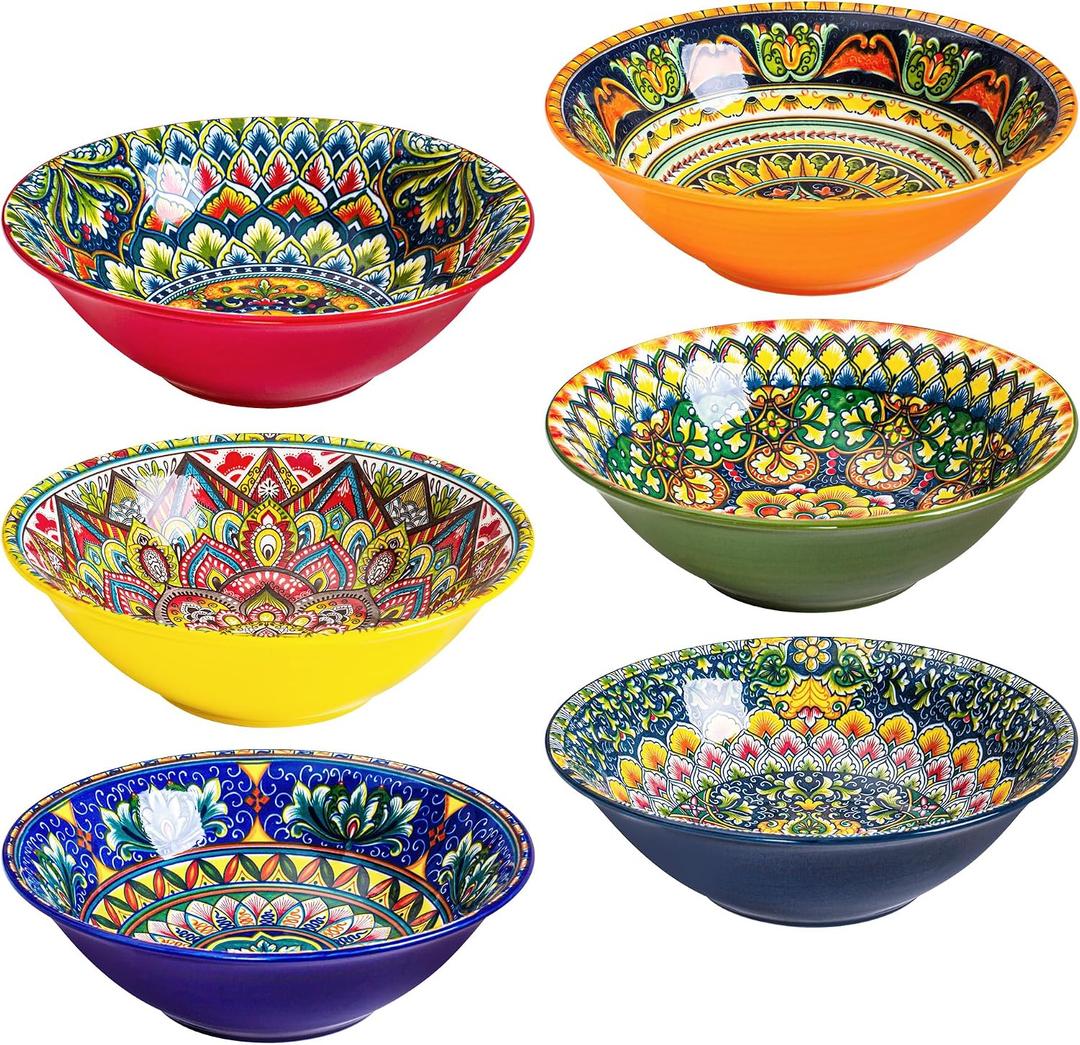 Henten Home Porcelain Soup Bowl Set of 6, Colorful 30 oz Ramen Bowls Set, Ceramic Bohemian Serving Bowl for Noodle, Cereal, Salad, Microwave & Dishwasher Safe, 7.88 inches x 2.44 inches