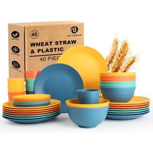 Wheat Straw Dinnerware Sets 40 PCS| Plates and Bowls Sets for 8, Unbreakable Dinner Plate, Dessert Plates, Cereal Bowl, Drinking Cups, Microwave Safe Dishes Set for Kitchen, Outdoor - Multi