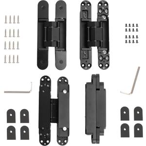 4-Pack 7 inch Black Hidden Door Hinges, Heavy Duty Zinc Alloy Concealed Hinges, Invisible 180 Degree Swing Hinge, 3 Way Adjustable Butt Hinge