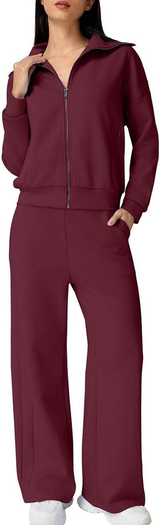 QINSEN Women's Cotton 2 Piece Outfits Lapel Long Sleeve Zip Up Sweatshirt Wide Leg Pants Matching Tracksuit Sets (Large, Burgundy)