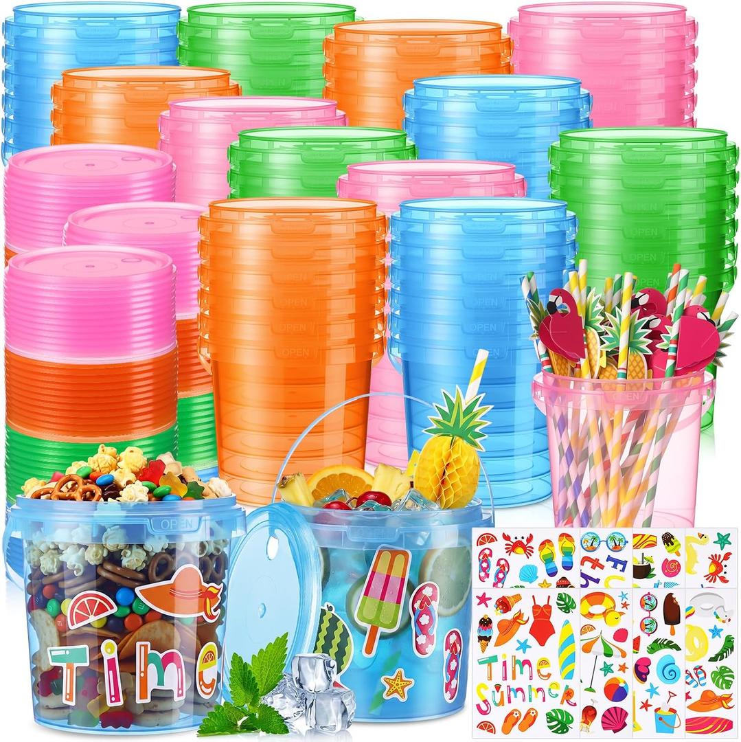 60 Pcs 32 oz Drink Buckets with Lids and Handles Neon Plastic
