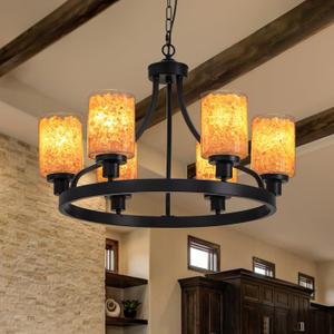 NOXARTE 26 Wagon Wheel Chandelier, 6-Light Black Round Farmhouse Chandelier with Glow Salt Glass Shade, Height Adjustable Black Industrial Hanging Light Fixture for Dining Room, Living Room, Foyer