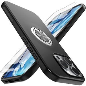 for iPhone 16 Pro Max Case with Screen Protector(Tempered Glass),Hybrid 2 in 1 Protective Slim Fit Sturdy Phone Case with Invisible Magnetic Ring Kickstand for iPhone 16 Pro Max 6.9 Inch,Black