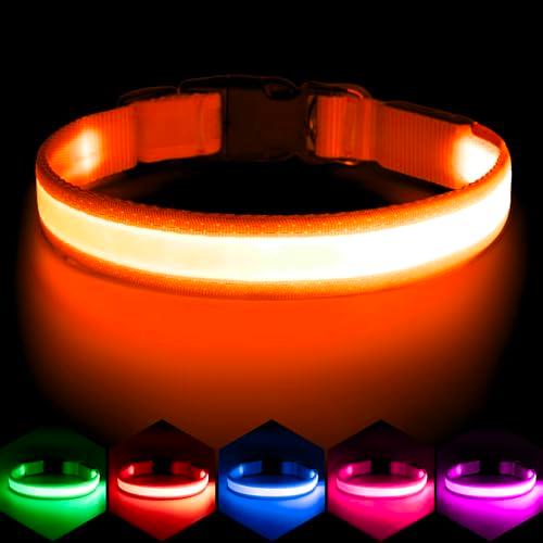 Vizpet LED Dog Collar, Light Up Dog Collar Adjustable USB Rechargeable Super Bright Safety Light Glowing Collars for Dogs (Large,Orange)