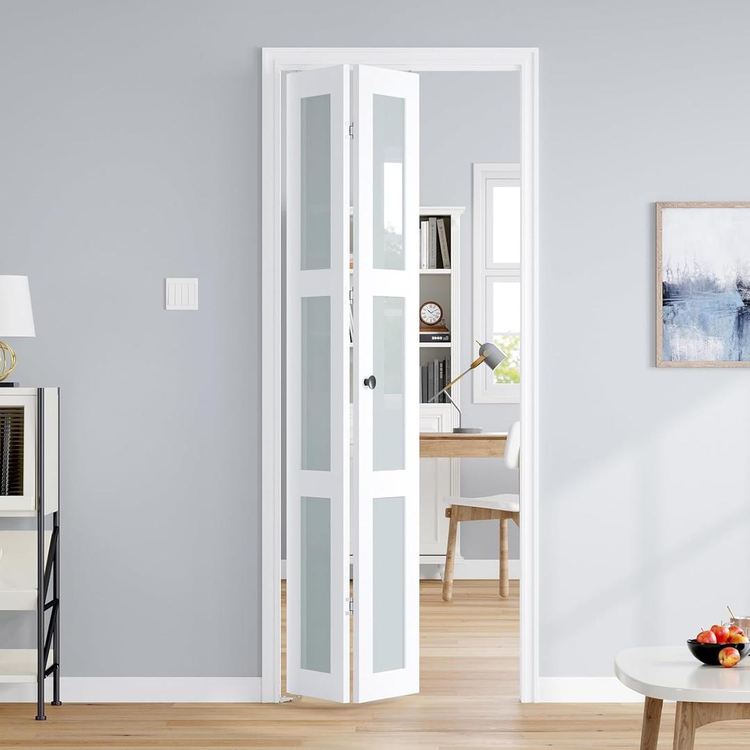 Roymelo Bifold Doors for 32"80" Opening, Preassembled White Frosted Glass Folding Barn Door, Sliding Interior Wood Panel Closet Bifolding Door with Concealed Hardware Kit Included