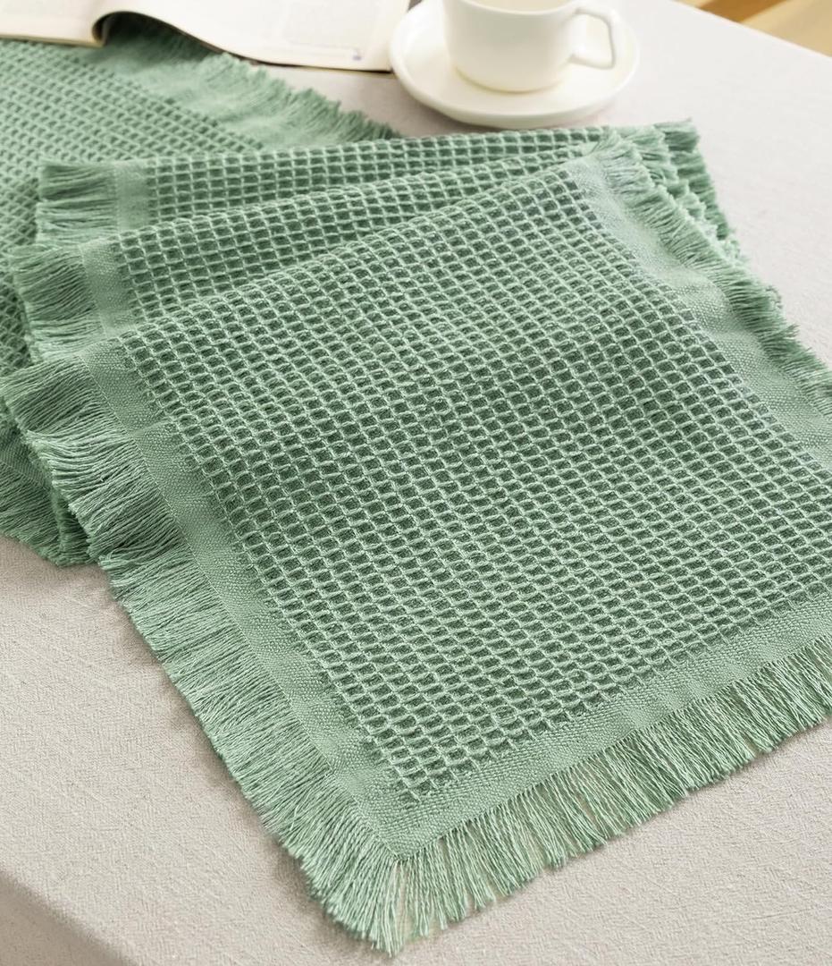 Vitalizart Dusty Green Table Runner 14"x72" Waffle Weave Boho Rustic Fringe Cotton Farmhouse for Home Decor Coffee Table Cloth Bedroom Kitchen Dining Decoration (Dusty Green 14x72inch)