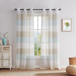 Central Park Tan and Spa Blue Stripe Sheer Color Block Window Curtain Panel Linen Window Treatment for Bedroom Living Room Farmhouse 63 inches Long with Grommets, 2 Panel Rustic Drapes, Size: 40"W x 63"L