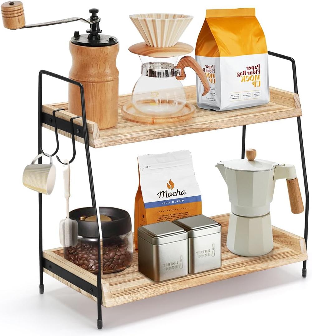 2-Tier Coffee Station Organizer for Countertop, Wooden Coffee Bar Organizer with 2 Cup Hooks, Countertop Storage for Bathroom, Kitchen, Holiday Decorations 2-Tier Coffee Station Organizer for Countertop, Wooden Coffee Bar Organizer with 2 Cup Hooks, Countertop Storage for Bathroom, Kitchen, Holiday Decorations