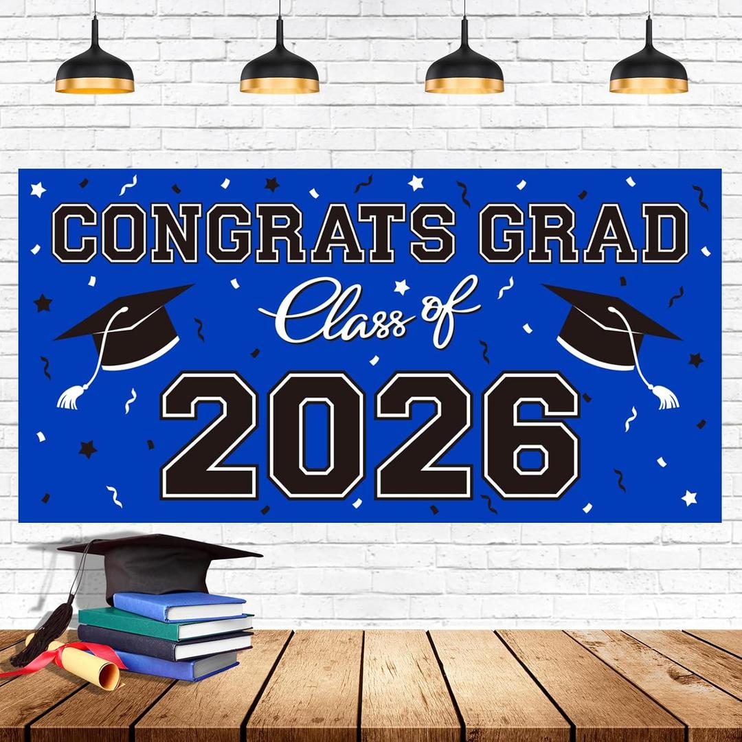 3 x Graduation Party Decorations 2026 Plastic Backdrop - 65" x 32.7" Congrats Grad Banner in Blue, Large Class of 2026 Decorations, Photography & Grad Party Supplies