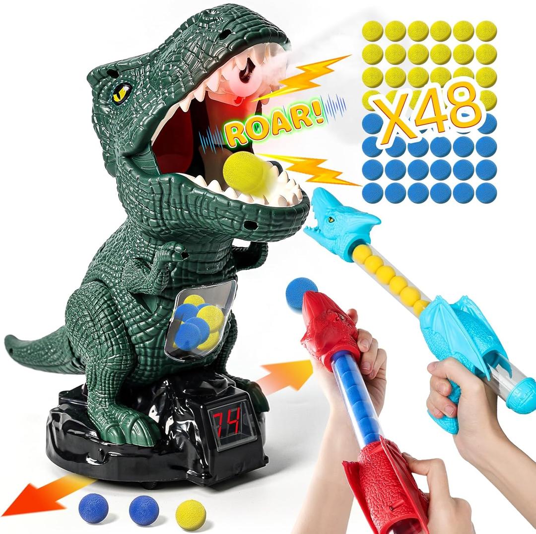 Dinosaur Shooting Toy for Boys Girls, Movable Target Shooting Games with 2 Air Pump Launcher, 48 Foam Balls, LED Score Record, Spray Effect & Sound, Competition Game Gift for Kids 5 6+ (Green)