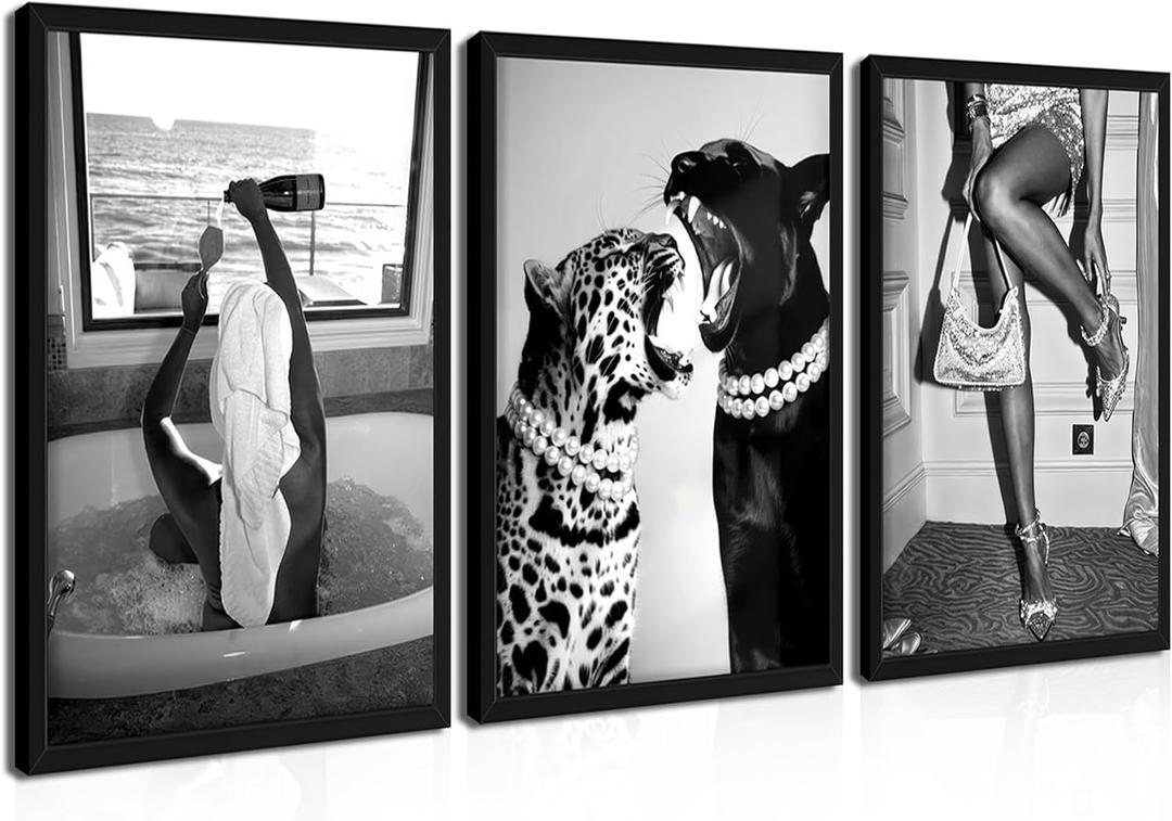 Framed Trendy Black and White Wall Art Set of 3, Fashionable Cheetah Wall Decor, Posters for Room Aesthetic, Modern Vintage Photography Model Canvas Prints for Living Room Bedroom – 16x24in, 24L" x 16W"